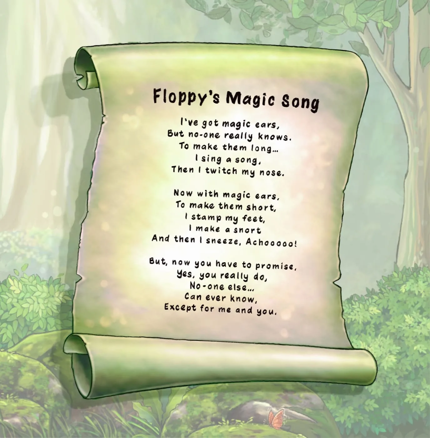 Floppy's Magic Song lyrics on a parchment scroll
